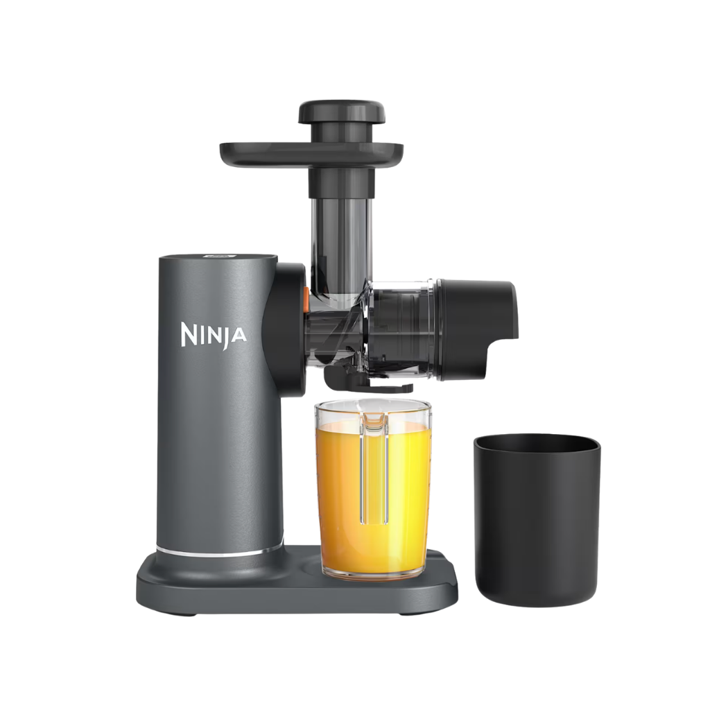 NeverClog cold press juicer with fresh orange juice